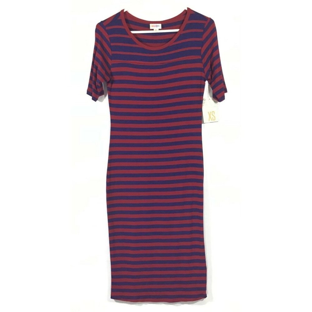 LuLaRoe Julia / Pencil Sheath Stretch Fabric Dress / Red Blue Stripe / Size XS